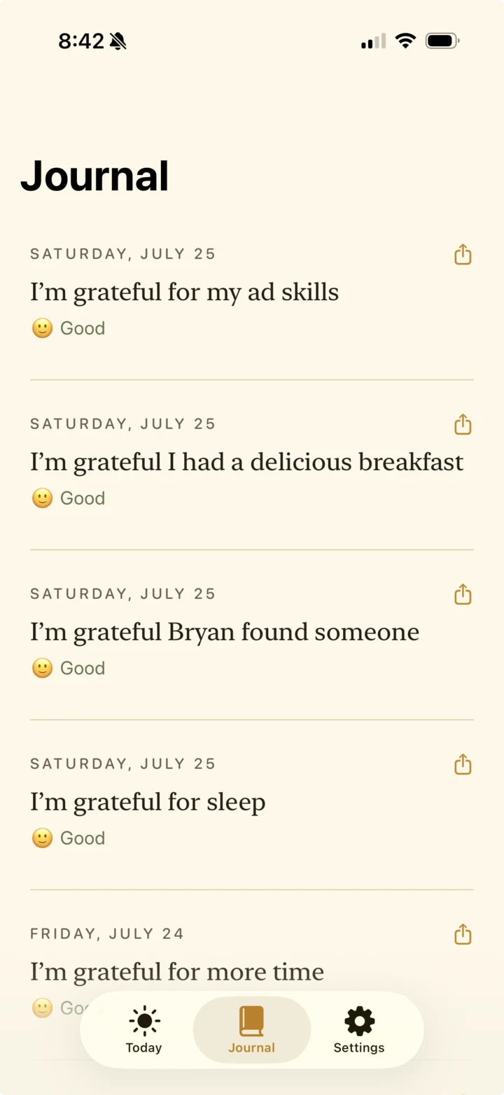 A Gratlock journal filled with saved gratitude entries