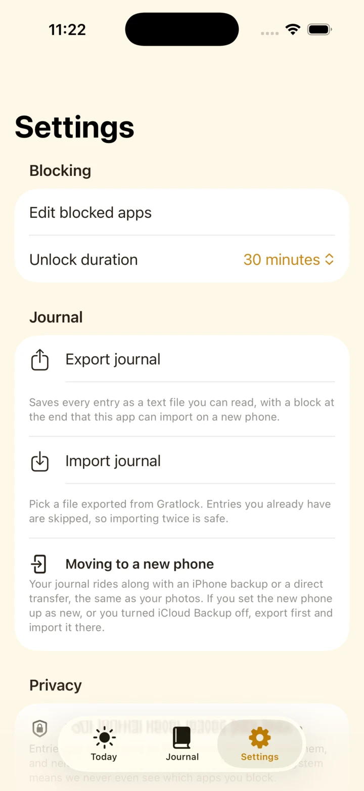 Gratlock settings for blocked apps, unlock duration, and journal export